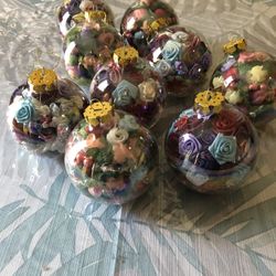 Handmade Floral Filled Christmas Ornaments - Lot Of 9