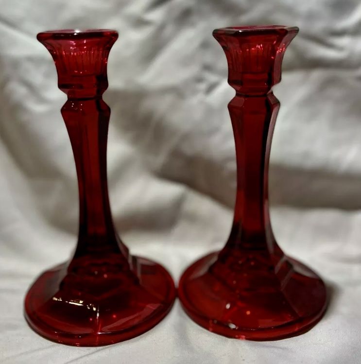 Vintage Indiana Glass Ruby Red Candleholders. Set of 2