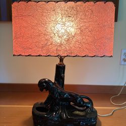 Vintage 1950s Black Panther Planter/Lamp Red Fiberglas Shade MCM