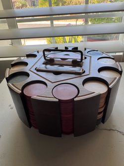 Vintage Wooden Poker Chip Caddy with Chips
