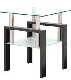 Modern Glass End Table – Black Metal & Chrome – 2-Tier