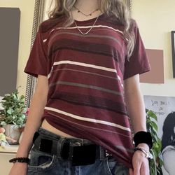 Burgundy and white striped short sleeve shirt