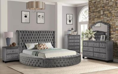 NEW GRAY ROUND VELVET BEDROOM SET WITH USB PORTS! AVAILABLE FOR IMMEDIATE DELIVERY 