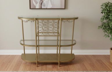 Modern Gold 3 Tier Glass Wine Bar Table with Wine Racks and Glass Holders! Excellent condition! Retails $149.99 43.5x15x36in