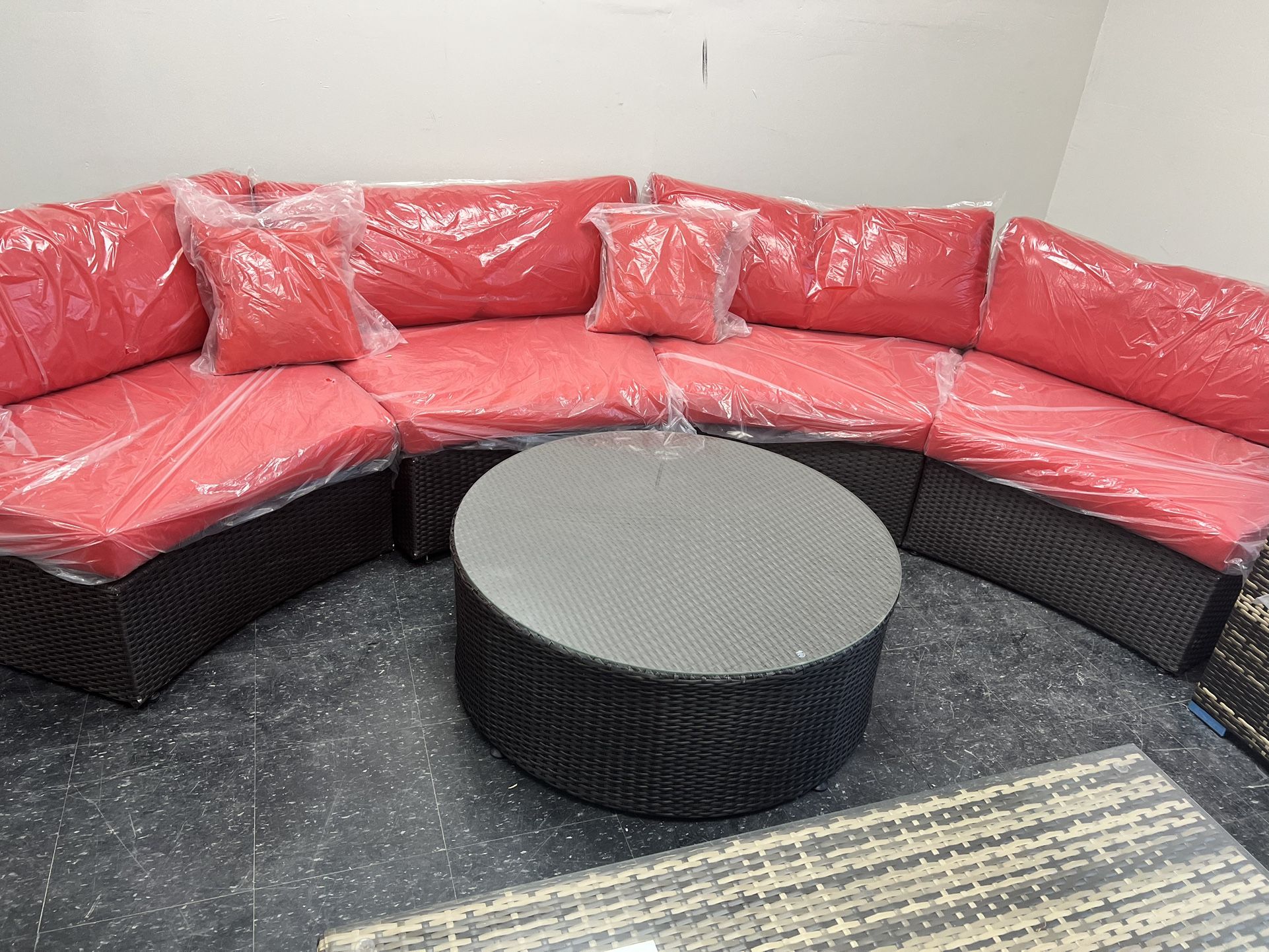 Patio Furniture Curved Sectional Round Red Cushion Wicker