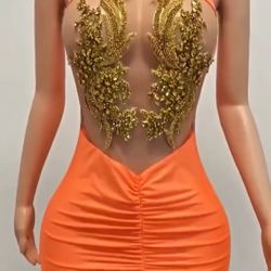 Lavish Orange Dress W/Gold Rhinestones 