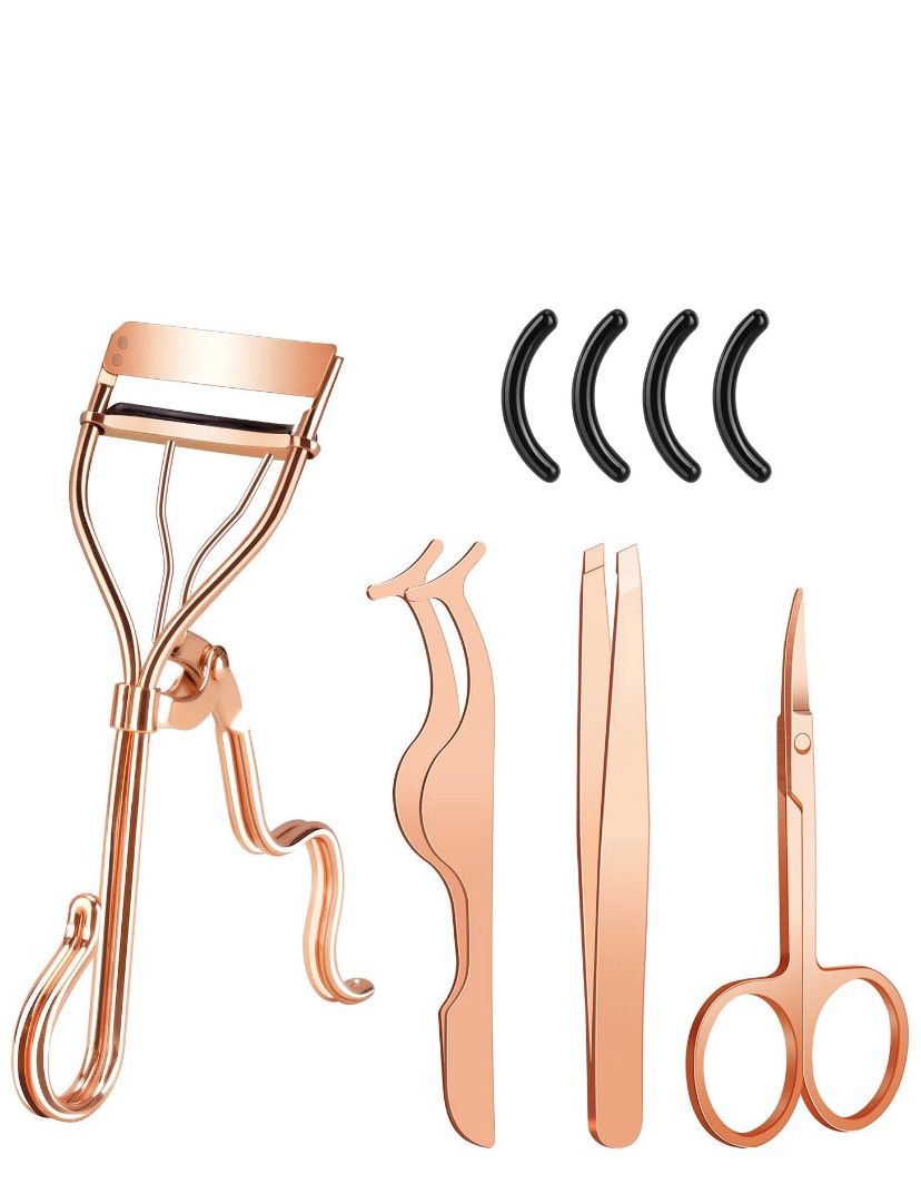 4 in 1 Beauty Eye Lash Curlers with Tweezers and Replacement Silicone Refill Pads, Women Makeup Kits for All Eye Shapes (Rose Gold)