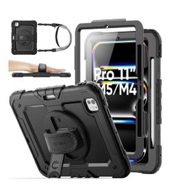 Heavy Duty Case for iPad Pro 11-inch M5-M4 2025-2024 w/ Screen Protector, Pencil Holder, Rotating Stand, Hand Strap, Shoulder Strap