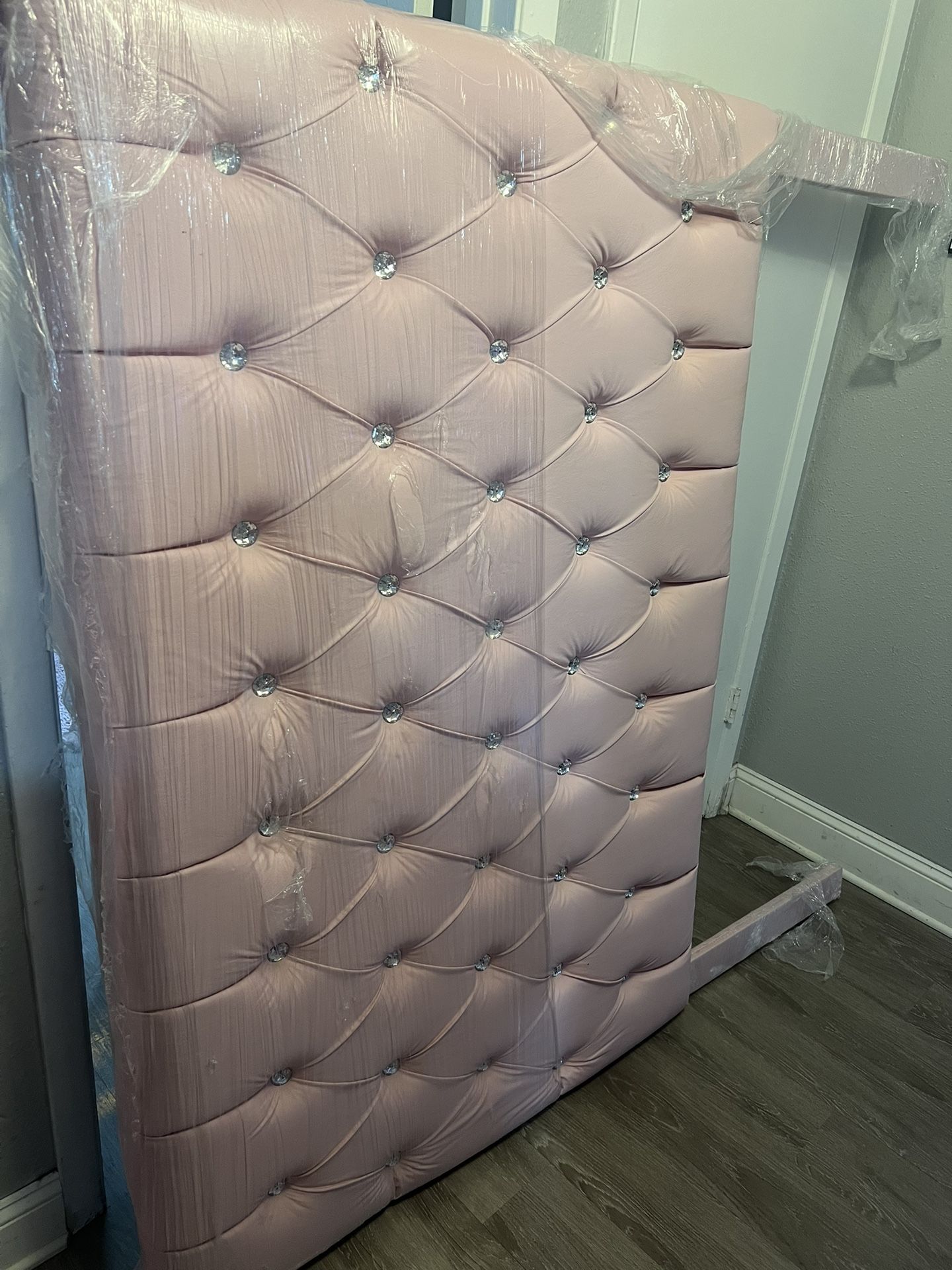 Queen Sized Platform Bed frame Pink Upholstered With Jewels