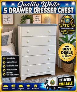 Quality White 5-Drawer Dresser Chest – Heavy Duty – Very Good Condition