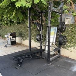 Complete Outdoor Gym Setup — Power Rack + Bench + Weights