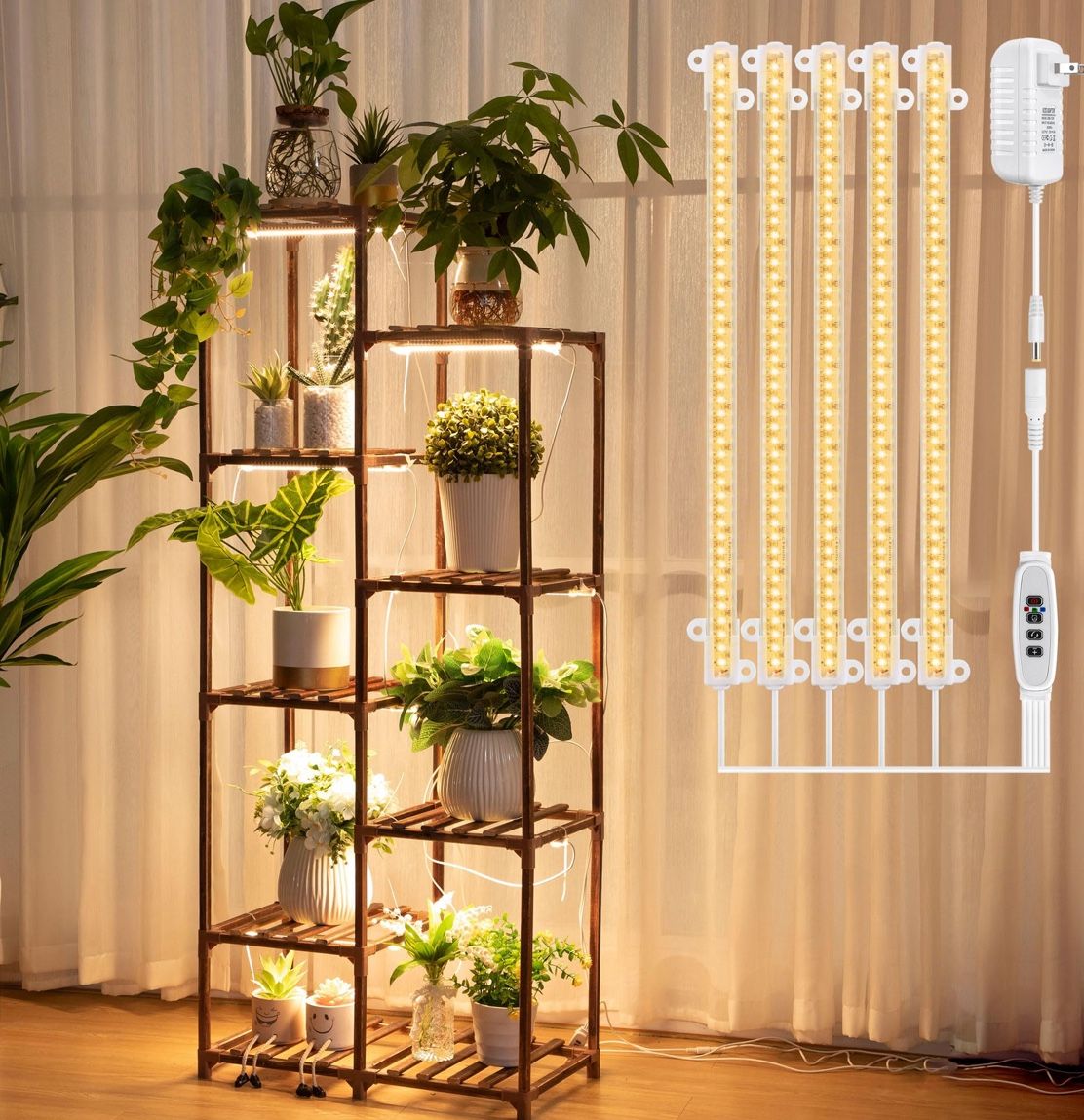 🌱 Wooden Plant Stand with Grow Lights – SOLA, 7/8 Tier Display