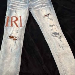 AMIRI Leather Stitch Logo Clay Indigo Jean