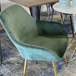 Mid-Century Modern Accent Chair Modern Leisure Armchair with Gold Legs Velvet Dining Chair, Vanity Chair for Makeup, Upholstered Green Dressing Chair