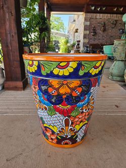 XL Individual Talavera Yellow Rim Clay Pots, Planters,Plants, Pottery.