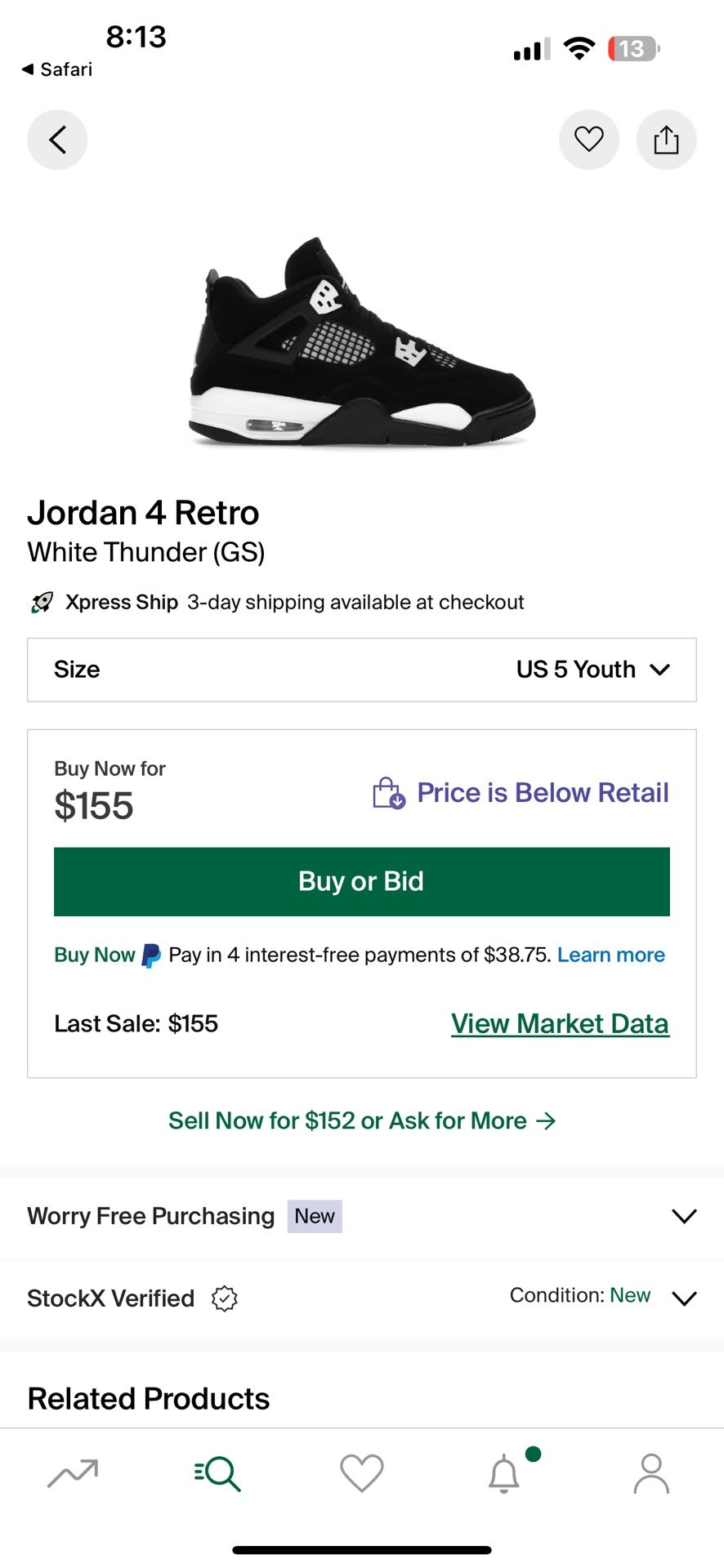 White Thunder Jordan 4 Size 5 (GS)