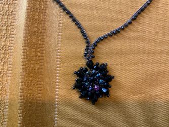 Vintage Black Glass Bead Cluster Pendant Necklace Iridescent Rhinestone Gothic
