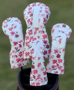 Flower Pattern Leather Driver, Fairway Wood, Hybrid Golf Cover 4pcs Set (White)
