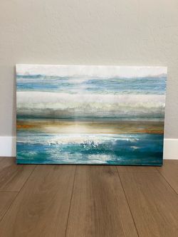 36x24 “Dawning I” Textured Turquoise Blue/Gold/White Coastal Ocean Canvas Artwork