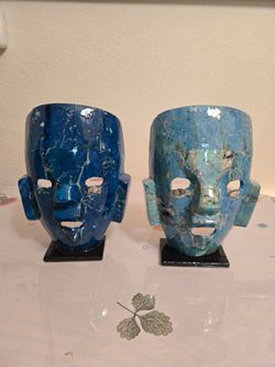 Pair of Mosaic Aztec Mask Sculptures