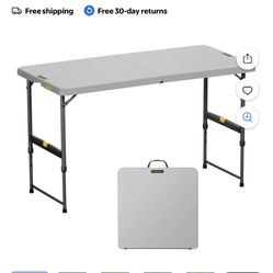 4ft Portable Folding Table, One-Handed Height Adjustment, 4 Heights, Gravity Lock, Carry Handle, Indoor Outdoor Heavy Duty Fold-in-Half
