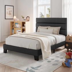 🌊 Twin Size Platform Bed Frame with Fabric Upholstered Headboard and Wooden Slats Support, Fully Upholstered Mattress Foundation/No Box Spring Needed