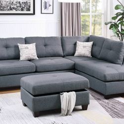 Brand New Polyfiber Grey Sectional Sofa w Storage Ottoman 