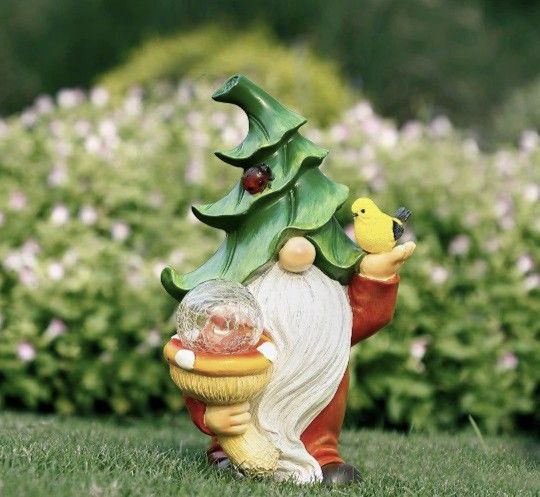 Brand New Garden Statue Gnome Figurine, Resin Gnome Sculpture Holding Mushroom Birds with Solar LED Lights, Indoor Outdoor Decoration, Patio Lawn Yard