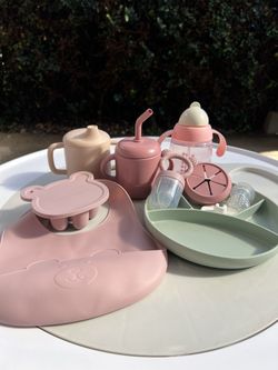 Infant-Toddler cups, plate, bib and silicone feeder & teether