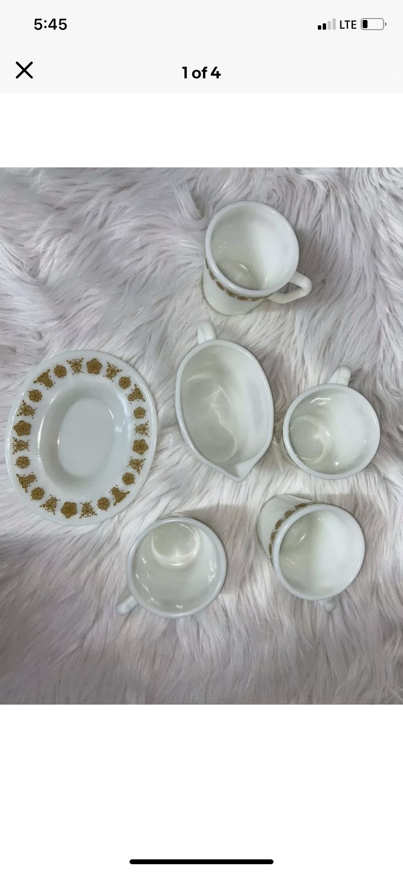 Vintage Pyrex Milk Glass "Golden Flowers" 6-Piece Set / Coffee Mugs, Teapot & Sa