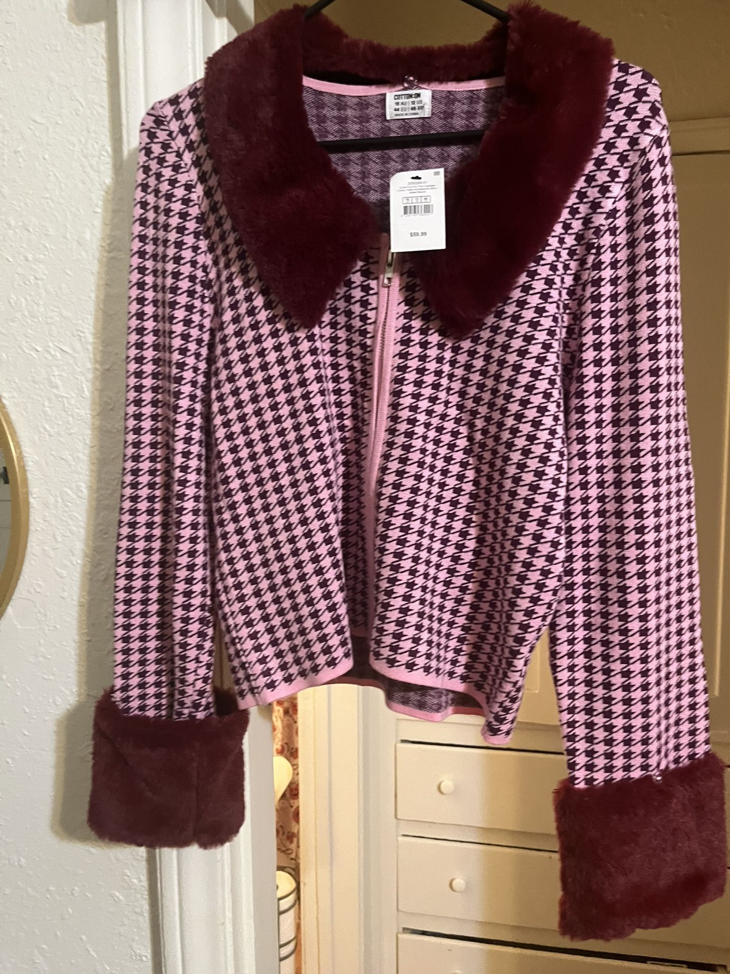 Cotton On Pink Houndstooth Jacket With Faux Fur Trim