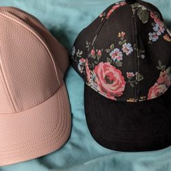 Women's Light Pink Faux Leather And Black Floral Baseball Cap Hat