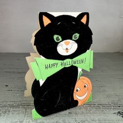  Vintage Fuzzy Velvet Black Cat Halloween stand up card. Rust Craft USA  Nice condition. Unused card. 6 1/2” tall 