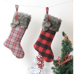 CSH Christmas Stockings,Christmas Tree Decorations,2 Pcs 21 inches Buffalo Plaid Christmas Stockings with Gray Plush Trim,Personalized Stocking Decora