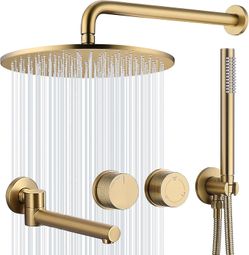 Gold Shower System with Tub Spout, Pressure Balance Rainfall Shower System, 2 Handle Wall Mounted Shower Set with Bathtub Spout（$269.99)