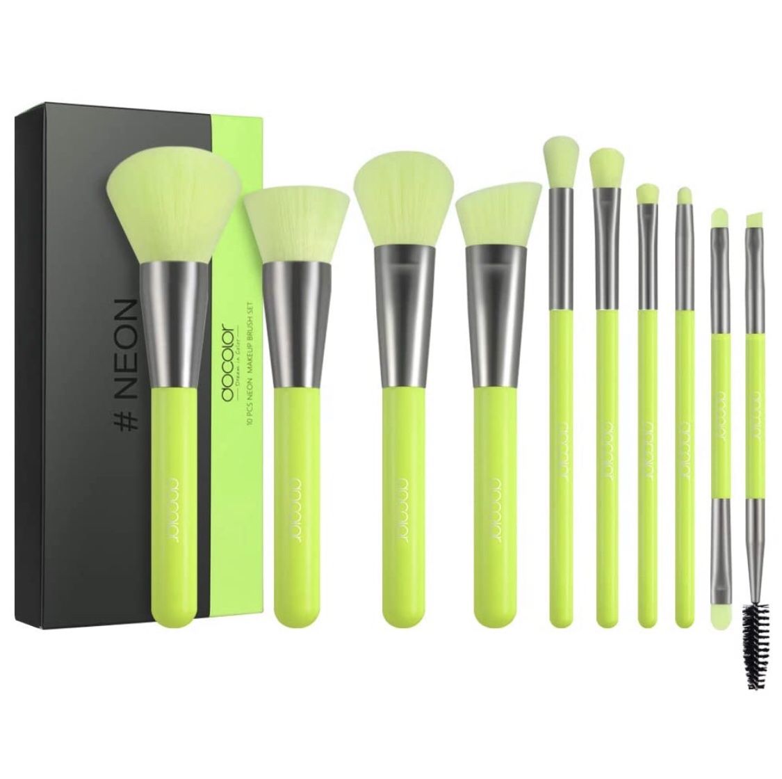 Brand new! Makeup Brushes 10 Piece Neon Green Makeup Brush Set Premium Synthetic Kabuki Foundation Blending Face Powder Mineral Eyeshadow Make Up Bru