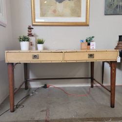 Modern History Camel Leather Writing Desk, Walnut + Brass Pulls