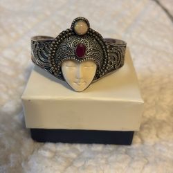 Sterling Silver Opal And Ruby Bali Carved Goddess Bracelet