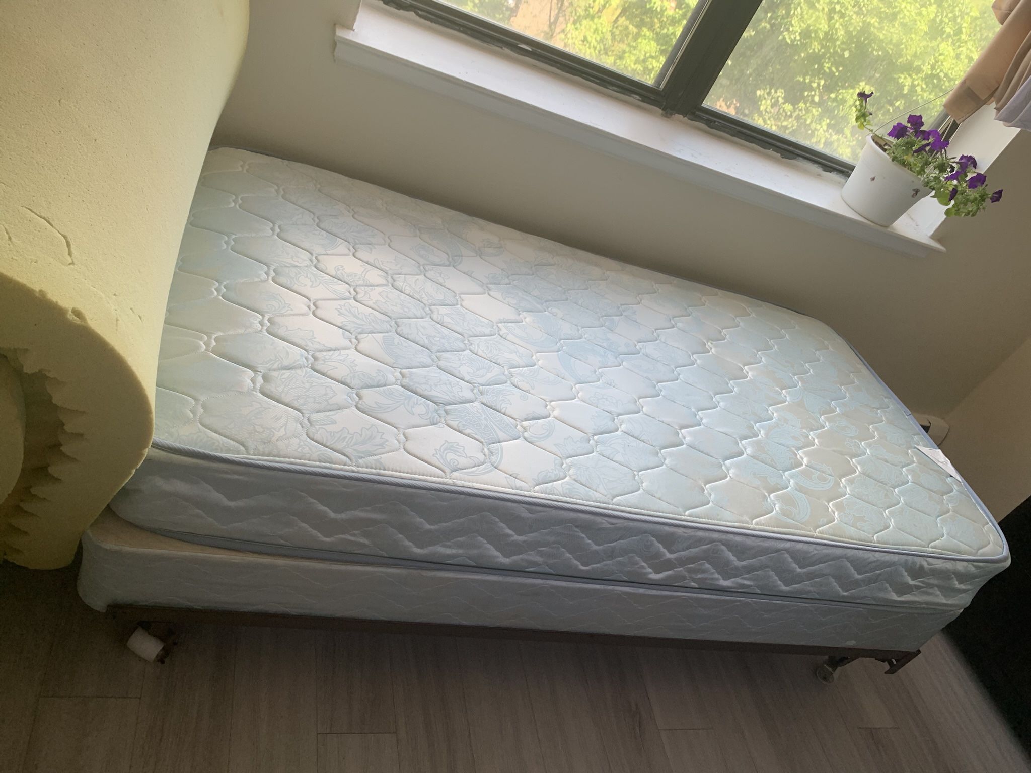 Twin Bed and Metal Bedframe with Wheels (includes Spring Mattress, Bed Base and 2 Foam sheets)