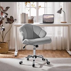 Velvet Vanity Chair with Wheels, Adjustable Home Office Chair with Shell-Shaped Back Swivel Chairs Desk Chair for Bedroom Makeup, Light Gray