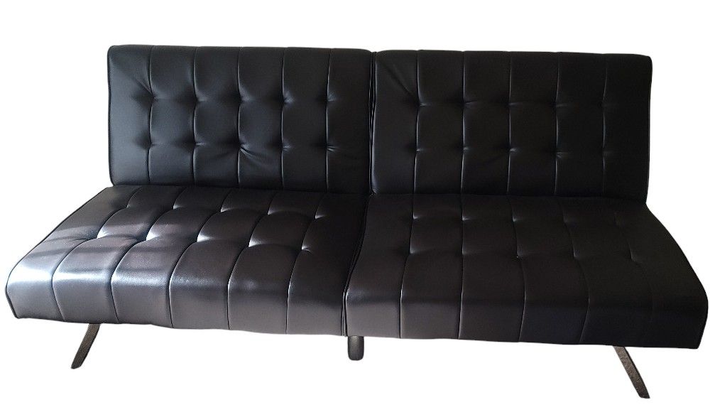 Black Faux Leather Convertible Futon Sleeper Sofa Bed with Stainless Steel Legs