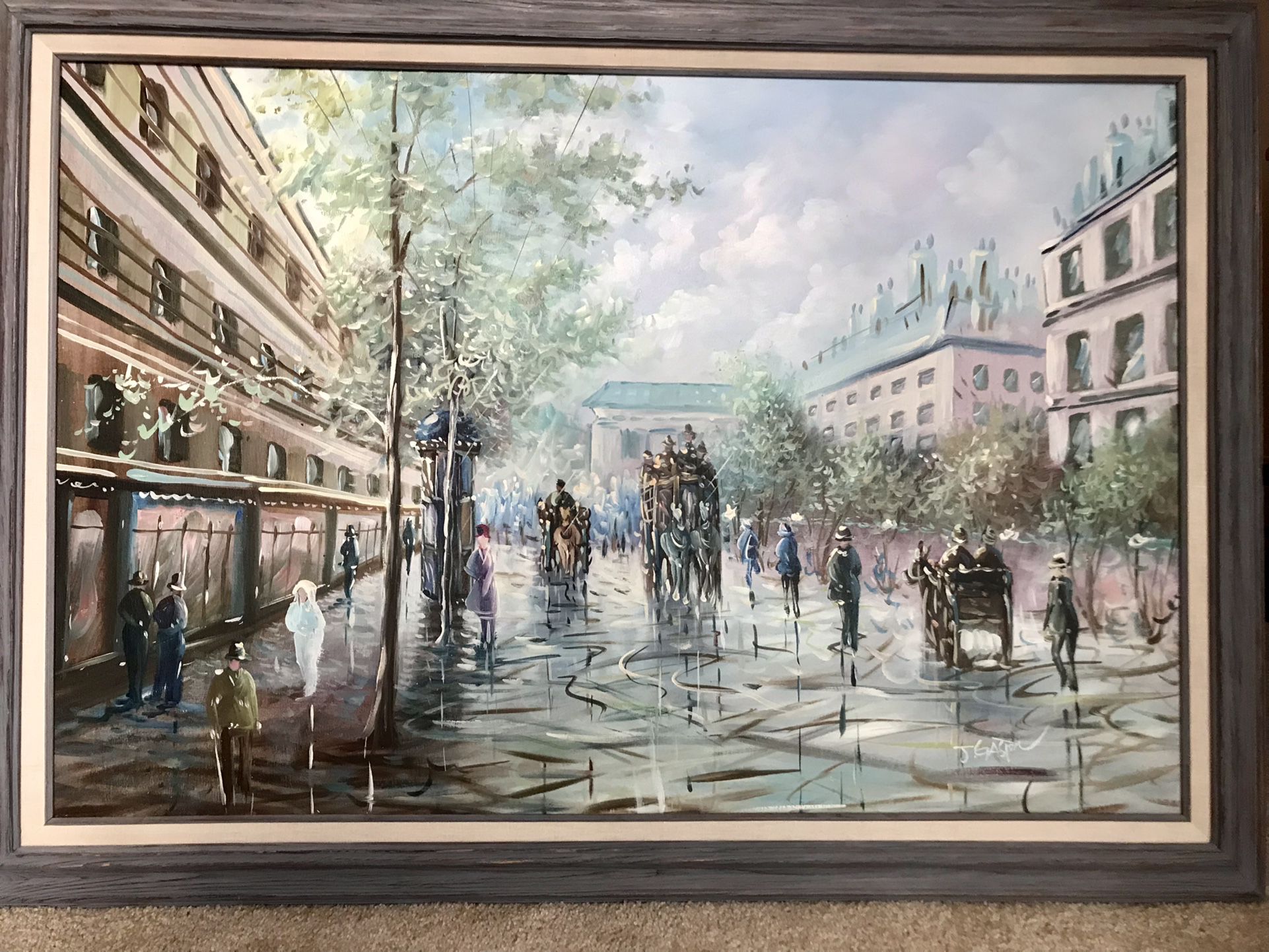 J. Gaston  Paris Street Scene,( Signed, ) Original Oil Painting on Canvas Framed