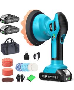 6 Inch Cordless Car Polisher Kit with (2) 2ah  21V Batteries 6 - Speeds, DA Polisher, Random Orbital , Extra Attachments for Car Detailing, Boat Sandi