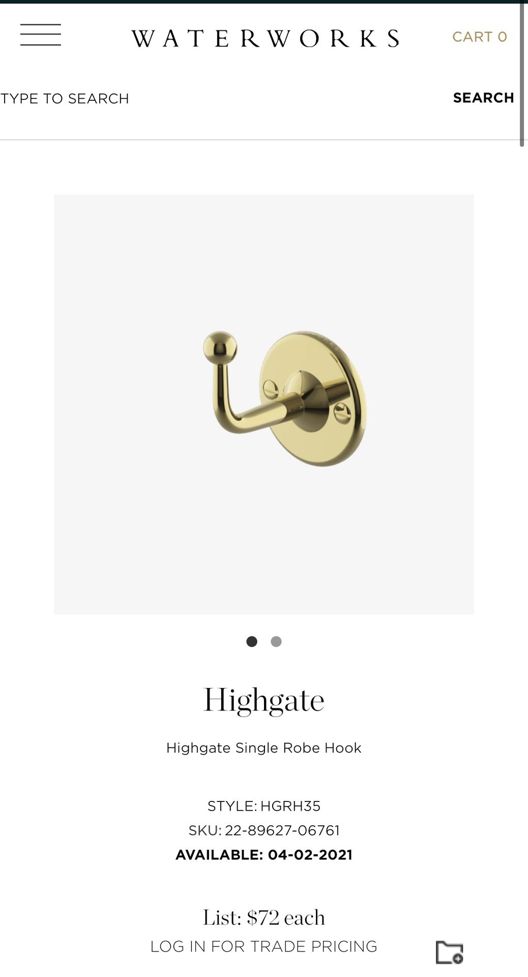 Waterworks Highgate Single Robe Hook Unlacquered Brass Style: MDRH35UB