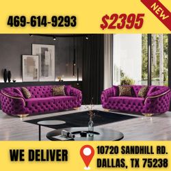 Purple Sofa and Loveseat 2pcs With Pillows 