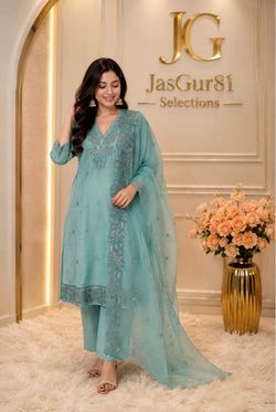 Beautiful light blue embroidered 3 pieces Indian suits.