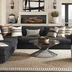 Cindy Crawford Bellingham Charcoal Sectional + Ottoman + Custom Wood Insert (Freshly Deep Cleaned)