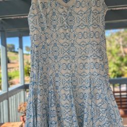 Anthropology South Island Dress HD In Paris, Cream/Blue, Size US 10.