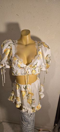 2 piece romper duo soft yellow lemon print