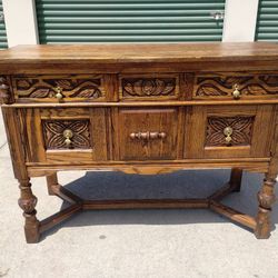 Early 1900's Jacobean Style Quartersawn Oak Sideboard w/Stretcher Base